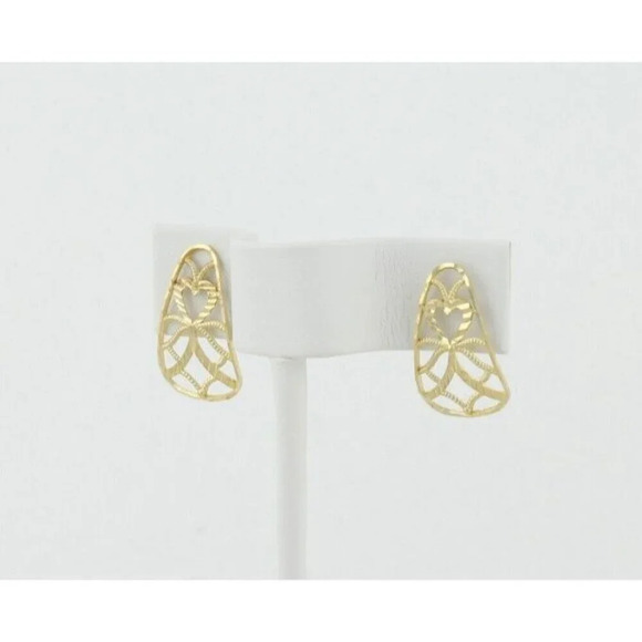 14k Yellow Gold Heart Bow Filigree Earrings Stud Post - Picture 5 of 8